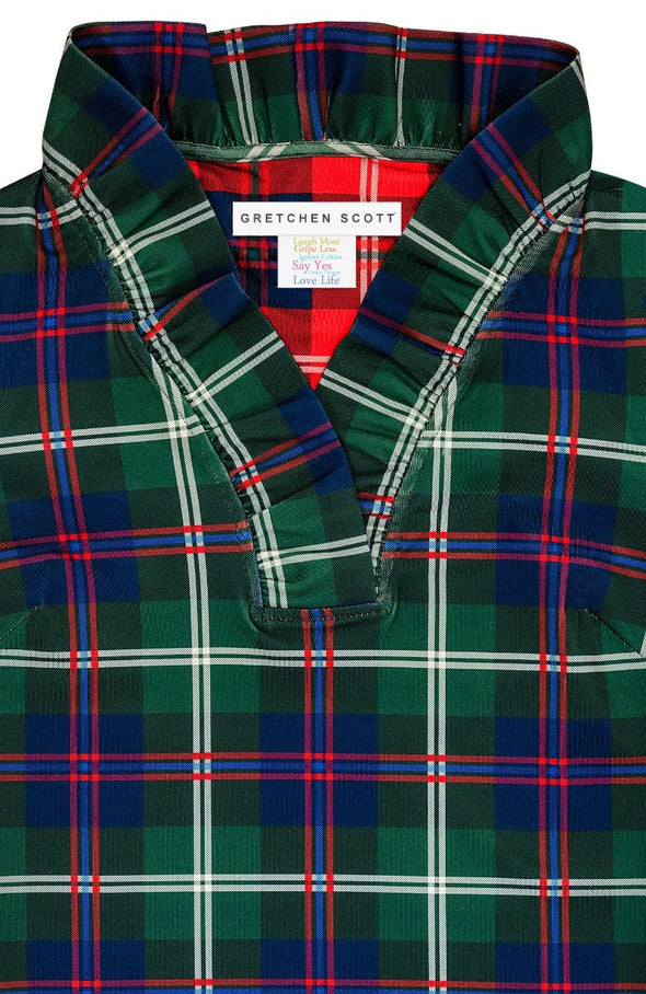 Up close view of the Gretchen Scott Ruff Neck Top - Middleton Plaid - Green