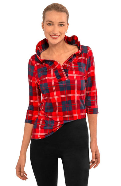 Gretchen Scott Ruff Neck Top - Middleton Plaid - Red