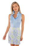 Front view of Gretchen Scott Ruff Neck Sleeveless Jersey Top in Periwinkle