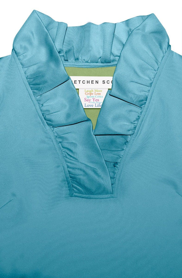 Gretchen Scott Ruff Neck 3/4 Sleeve Jersey Top - Solid Turquoise
