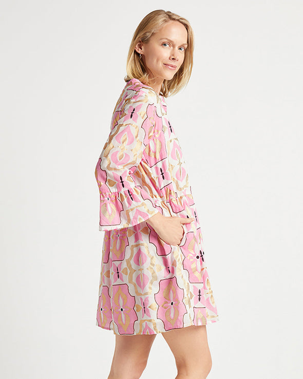 Side view of Jude Connally Faith Dress in Butterfly Tile White/Gold