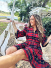 Outdoor model in the Gretchen Scott Teardrop Dress - Plaidly Cooper - Red Plaid