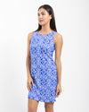 Side view of Jude Connally Beth Dress in Sunburst Tile Cobalt