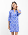 Front view of Jude Connally Megan Dress in Sunburst Tile Cobalt