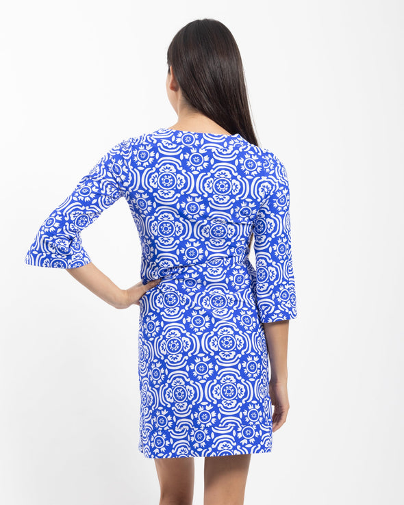 Back view of Jude Connally Megan Dress in Sunburst Tile Cobalt