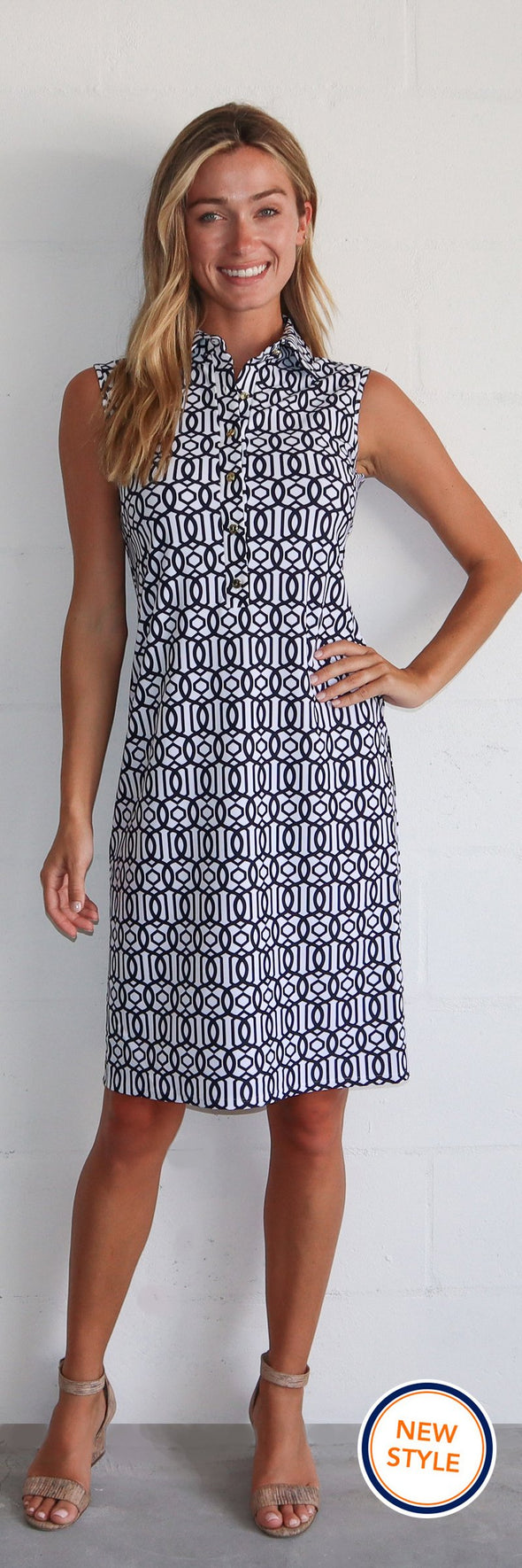 Front view of Jude Connally Suzy Dress in Bamboo Dot White/Navy