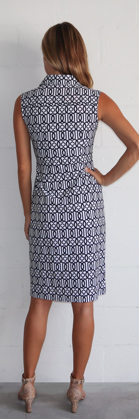 Back view of Jude Connally Suzy Dress in Bamboo Dot White/Navy
