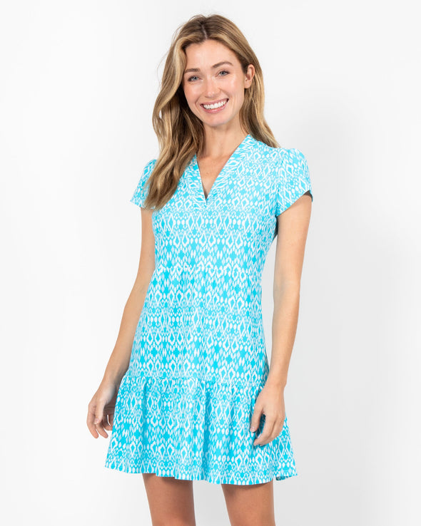 Front view of Jude Connally Ginger Dress in Diamond Ikat Santorini Blue