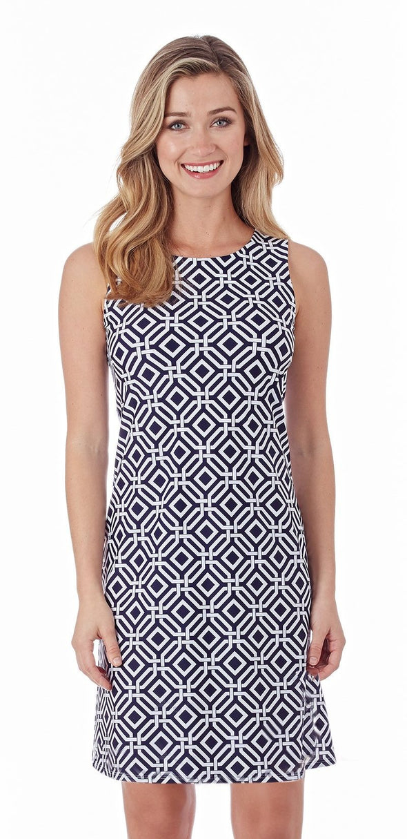 Front view of Jude Connally Beth Shift Dress in Grand Links Navy