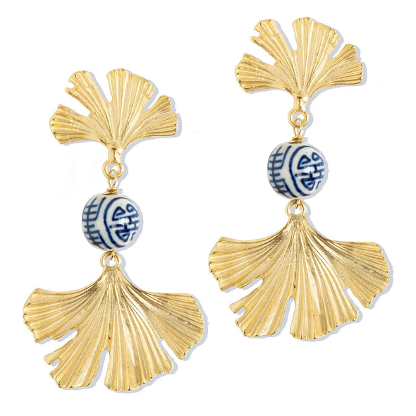 Flat view of the Susan Shaw Blue & White Ginkgo Earrings