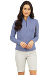 Front view of the IBKUL Long Sleeve Mock Neck Top - Mini Check Navy/White
