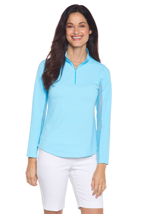 Front view of the IBKUL Long Sleeve Mock Neck Top - Mini Check Turq/White