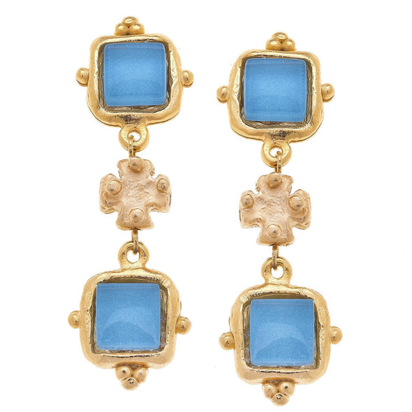 Flat view of the Susan Shaw Charlotte Deux Tier Earrings in Parisian Blue