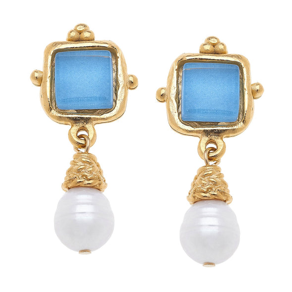 Flat view of the Susan Shaw Charlotte Mini Drop Earrings in Parisian Blue