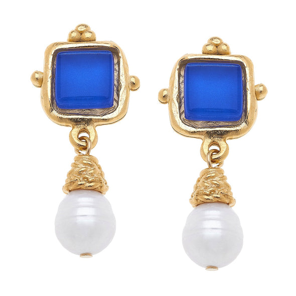 Flat view of the Susan Shaw Charlotte Mini Drop Earrings in Classic Blue