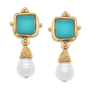 Flat view of the Susan Shaw Charlotte Mini Drop Earrings in Riviera Teal