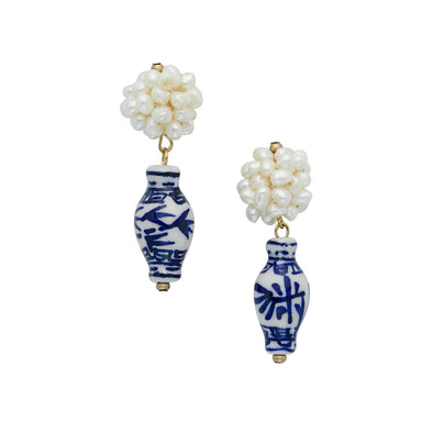 Flat view of the Susan Shaw Blue & White Pearl Cluster Earrings