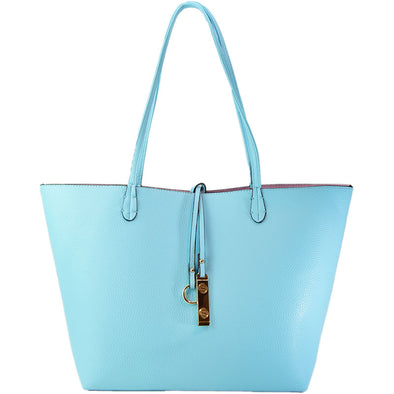 Vegan Leather Reversible 2-in-1 Tote Bag - Sky Blue/Baby P