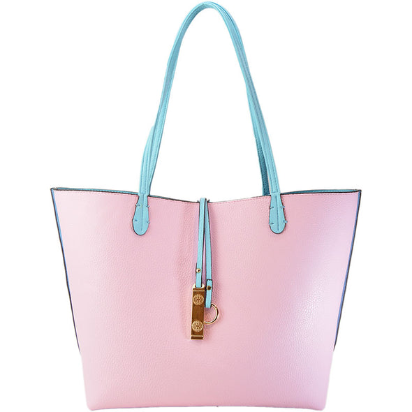 Vegan Leather Reversible 2-in-1 Tote Bag - Sky Blue/Baby Pink