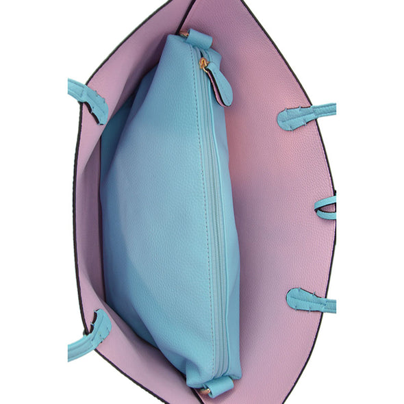Vegan Leather Reversible 2-in-1 Tote Bag - Sky Blue/Baby Pink