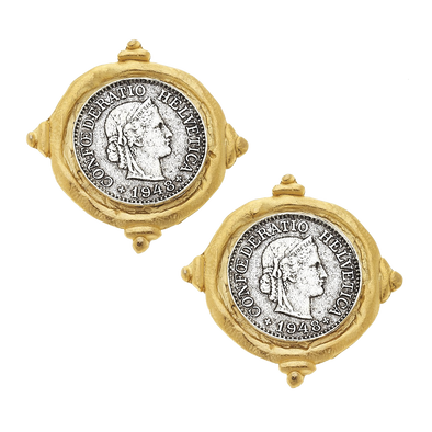 flat view of the Susan Shaw Handcast Mixed Metal French Franc Stud Earrings