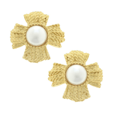 Flat view of the Susan Shaw Braided Cross Pearl Clip-On Earrings