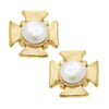 Flat view of the Susan Shaw Maltese Cross Pearl Stud Earrings