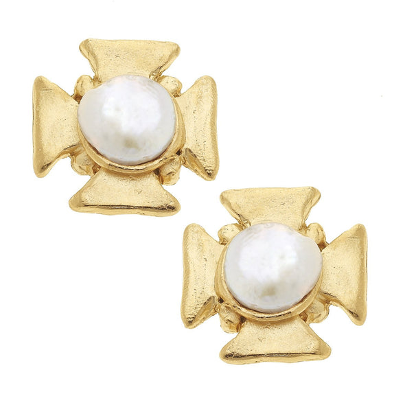 Flat view of the Susan Shaw Maltese Cross Pearl Stud Earrings