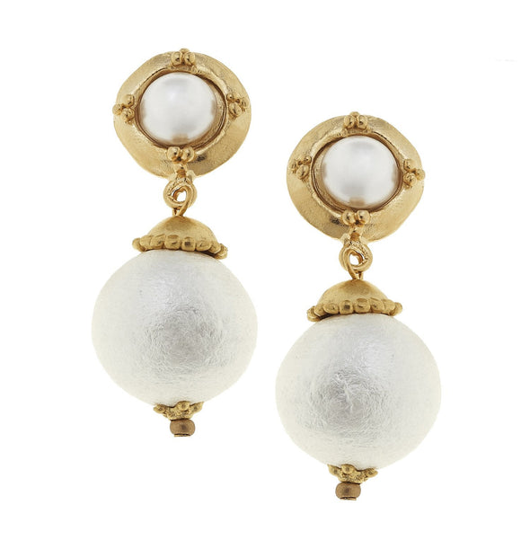 Flat view of the Susan Shaw Handcast Gold with Cotton Pearl Earrings