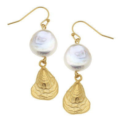 Flat view of the Susan Shaw Coin Pearl Oyster Earrings