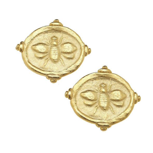 Flat view of the Susan Shaw Bee Intaglio Stud Earrings