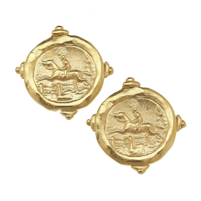 Flat view of the Susan Shaw Handcast Equestrian Intaglio Clip-On Earrings