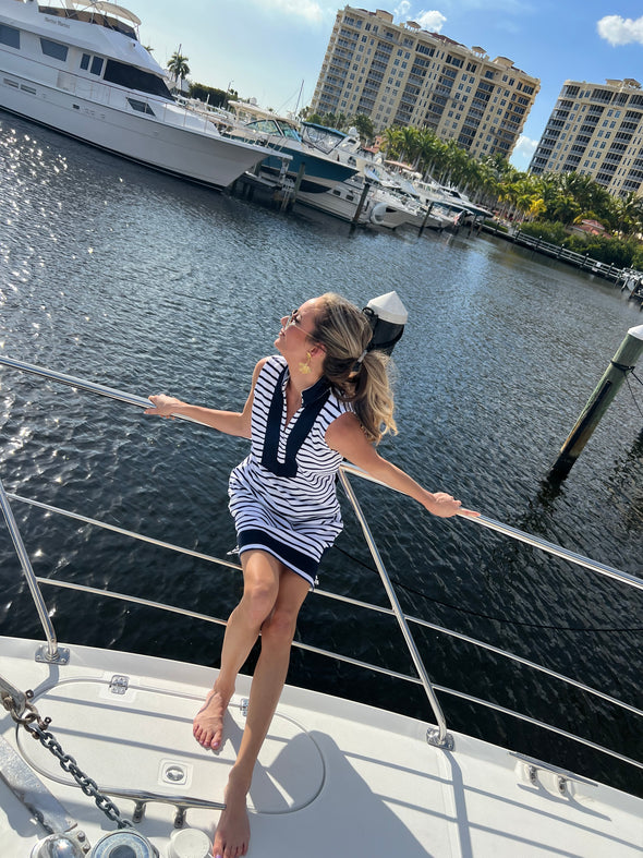 Sitting view of Sail to Sable Nauti Dress - Navy/White