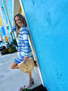 Side view of Sail to Sable Geo Stripe Long Sleeve Tunic Dress - Blue