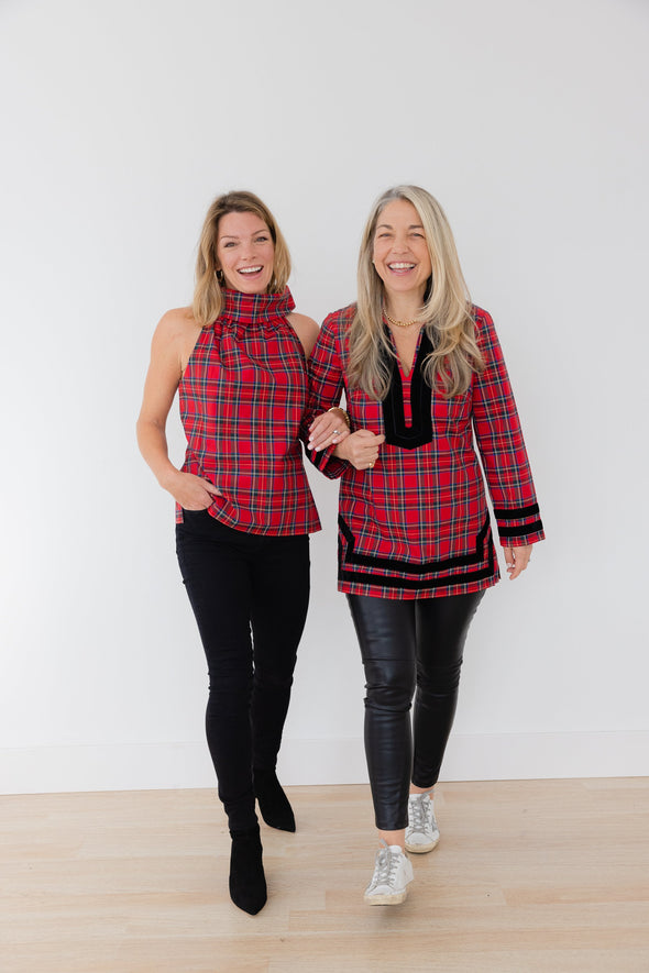 Full body view of the Sail to Sable Sleeveless Cowl Neck Button Back Top - Red Plaid