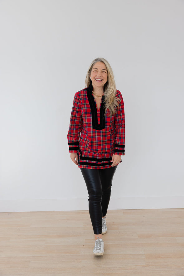 Full body view of Sail to Sable Tunic Top - Red Plaid