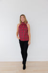 Front view of the Sail to Sable Sleeveless Cowl Neck Button Back Top - Red Plaid