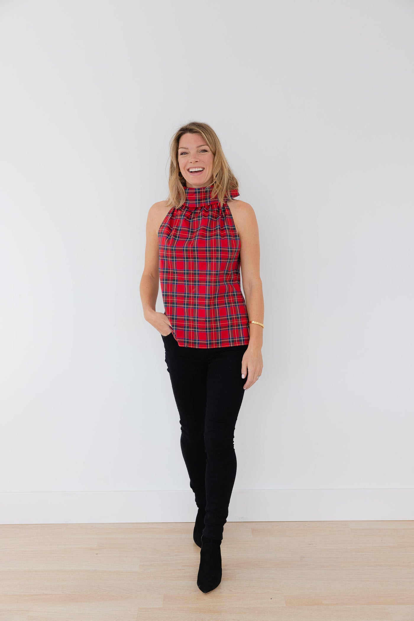 Sail to Sable Cowl Neck Button Back Top in Red Plaid Holiday