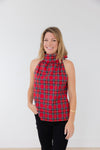 Front view of the Sail to Sable Sleeveless Cowl Neck Button Back Top - Red Plaid