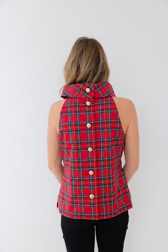 Back view of the Sail to Sable Sleeveless Cowl Neck Button Back Top - Red Plaid