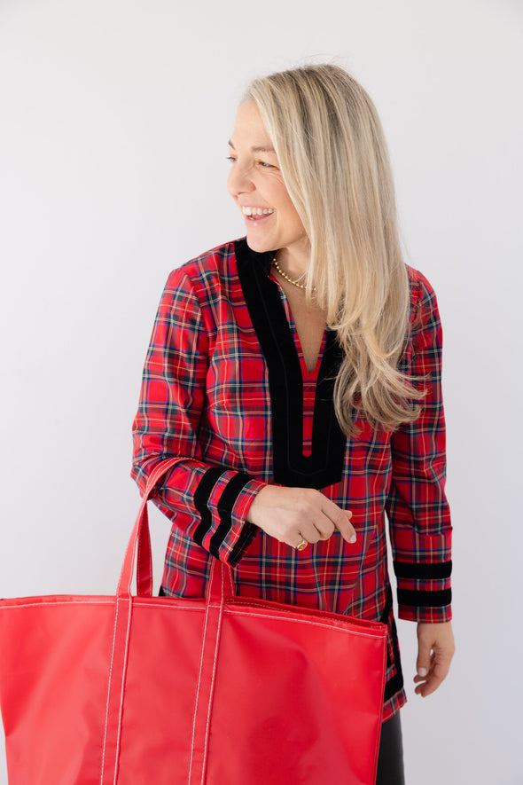 Model in the Sail to Sable Tunic Top - Red Plaid