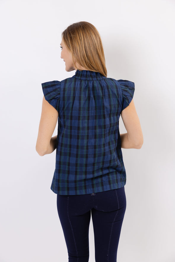Back view of Sail To Sable Flutter Sleeve Top - Blackwatch Plaid