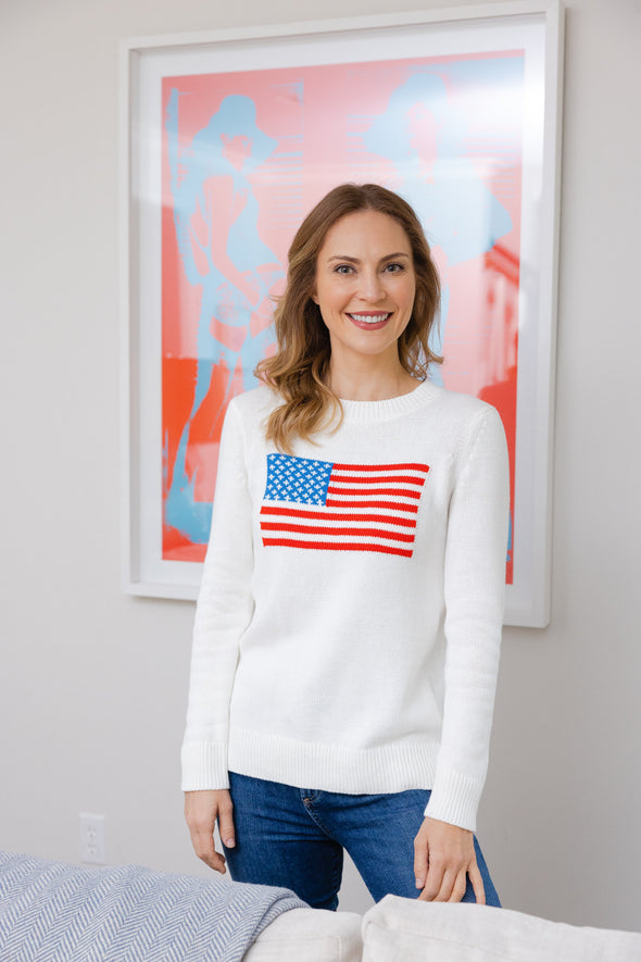 Front view of the Sail To Sable Flag Intarsia Sweater - White