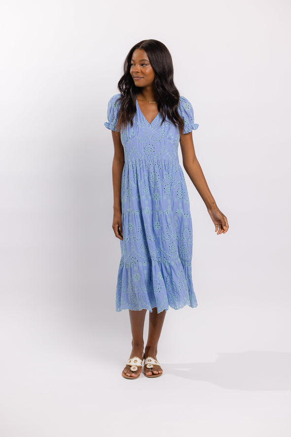 Front view of the Sail to Sable Eyelet Puff Sleeve Midi Dress