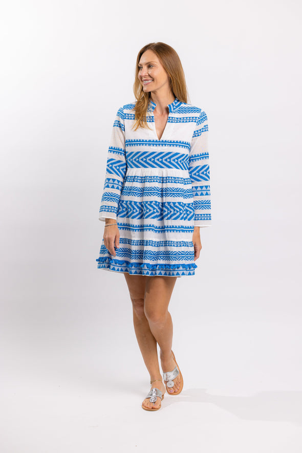 Front view of Sail to Sable Geo Stripe Long Sleeve Tunic Dress - Blue