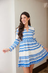 Front view of Sail to Sable Geo Stripe Long Sleeve Tunic Dress - Blue