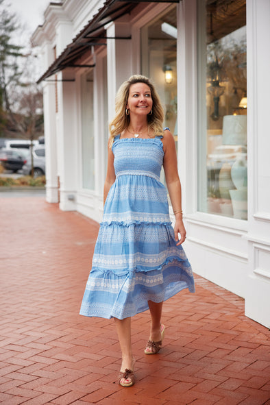 Full body view of the Sail to Sable Jacquard Smocked Midi Dress - Blue/White