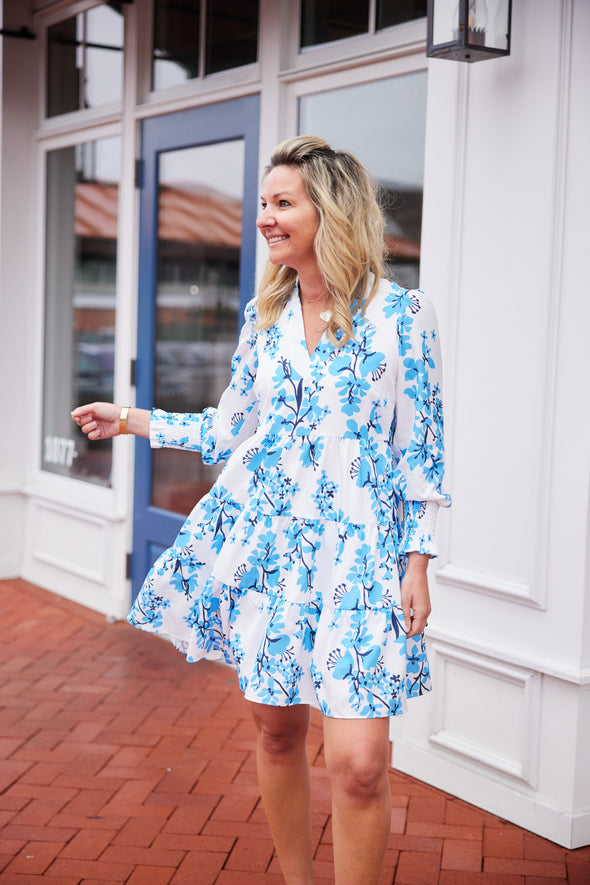 Front view of Sail to Sable Long Sleeve Flare Tunic Dress - Blue Vines