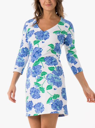 Mahi Gold Palm Dress - Hydrangea Walk Blue