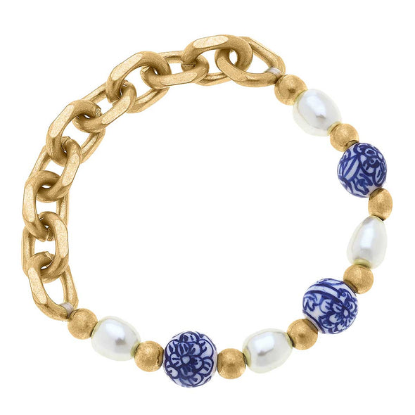 Flat view of the Loraine Chinoiserie & Pearl Chunky Chain Bracelet - Blue & White